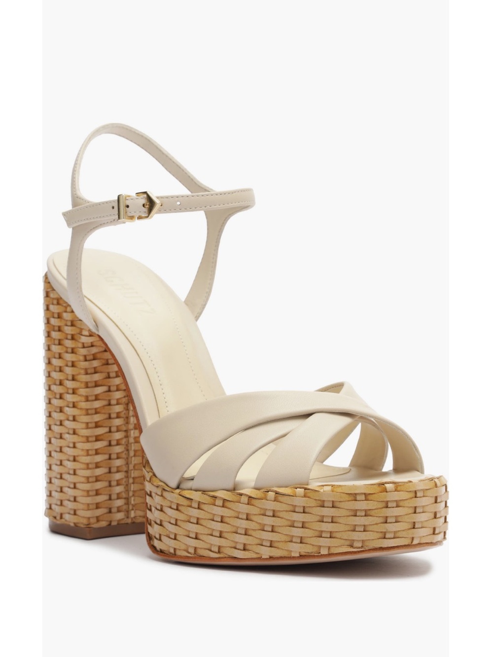 Schultz Ivory Leather Woven Platform Sandal with Ankle Strap